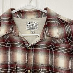 Lucky brand button down shirt, size medium, plaid, red & tan, gently used